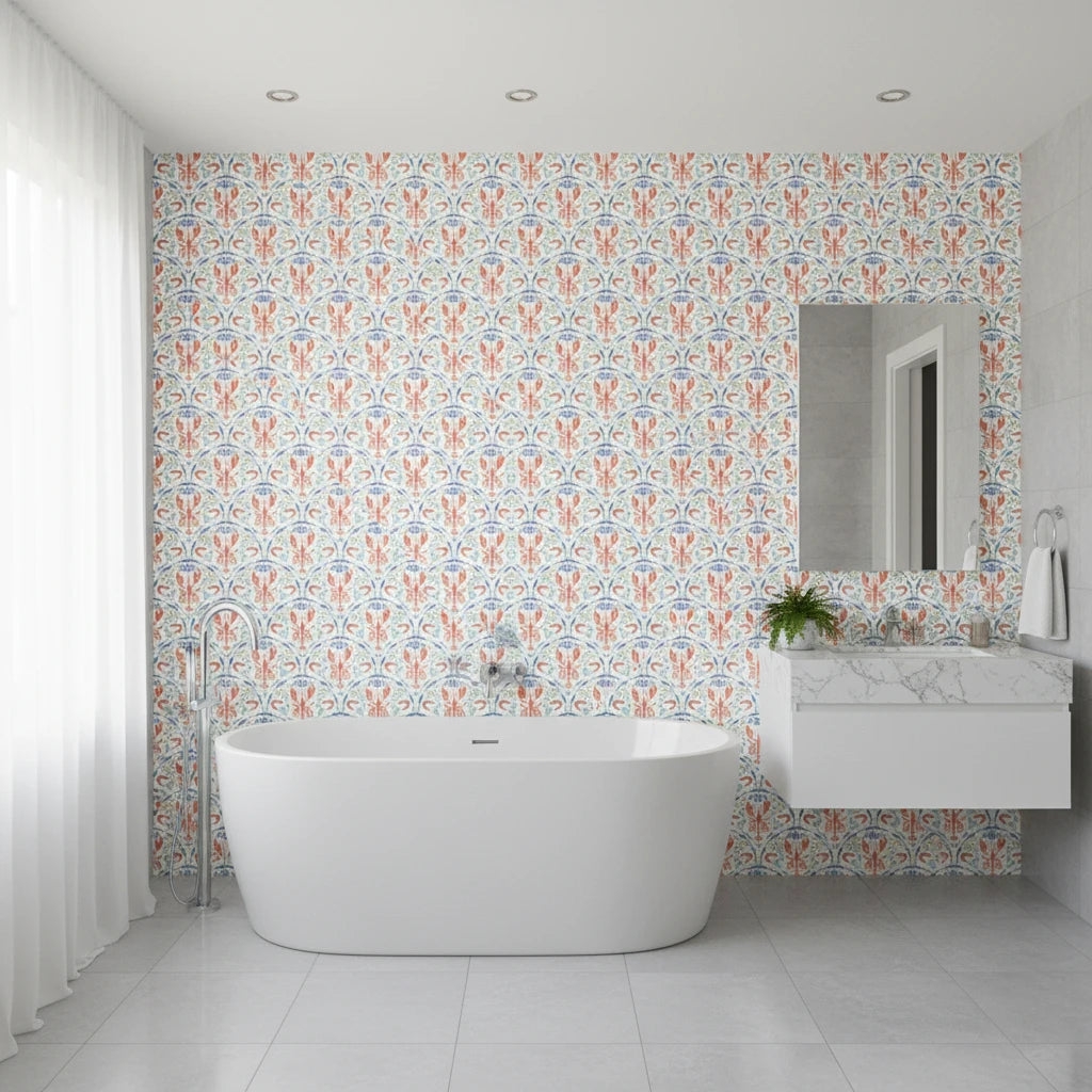 Coastal Feast coral seafood damask wallpaper creating ambiance in a serene bathroom