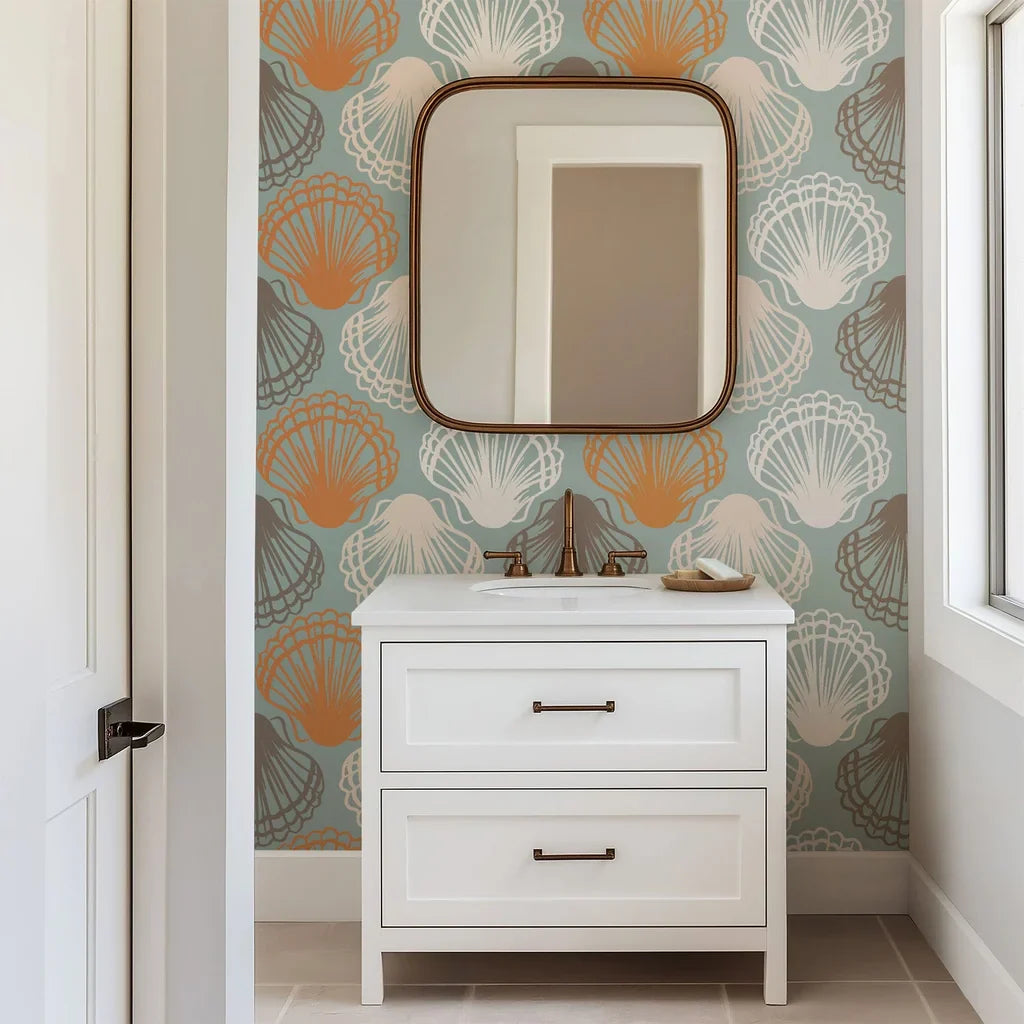 This design displays undulating, stippled curves in rich teal and earthen orange, lending a refined and gentle feel ideal for a coastal setting.