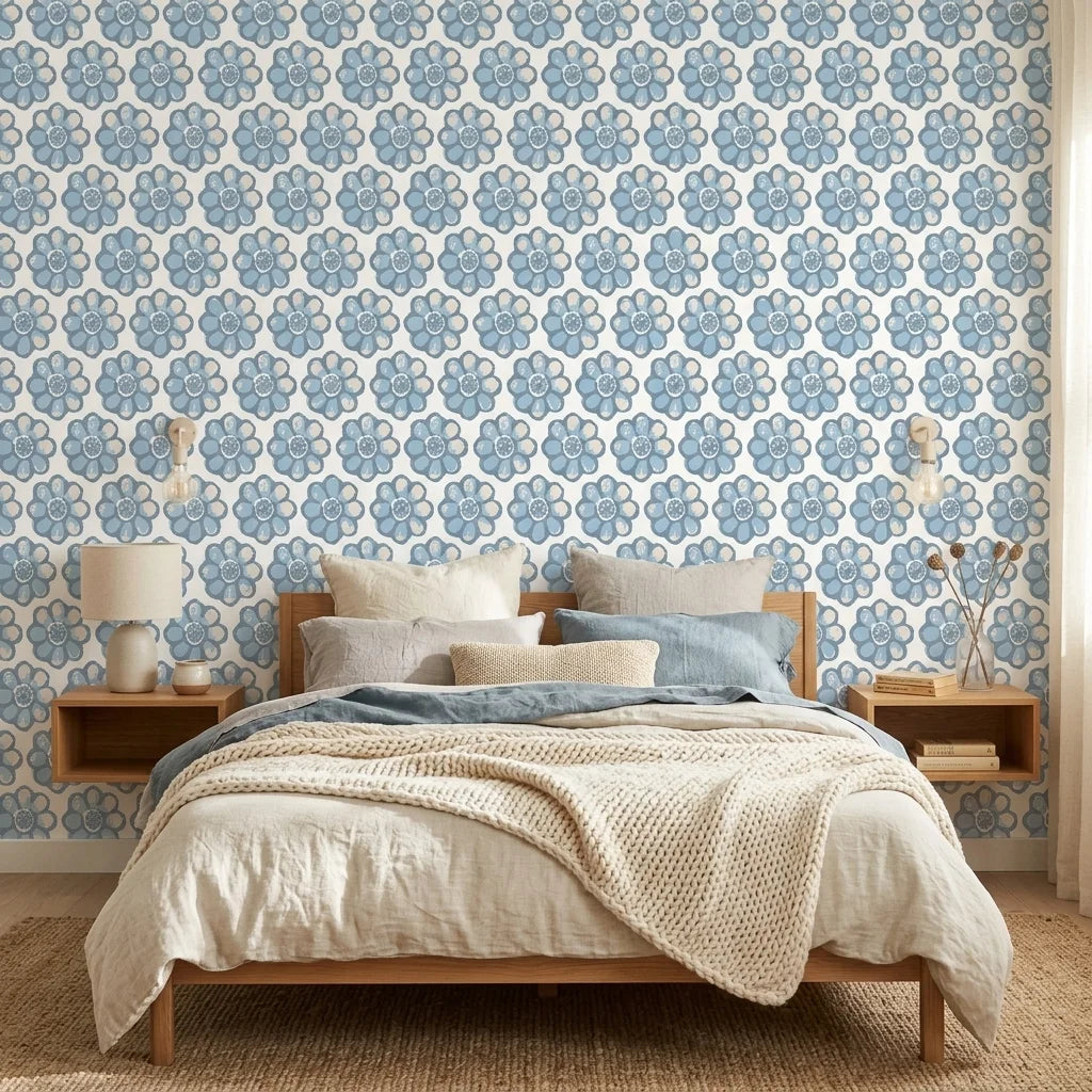 Cobalt Bloom serene blue floral wallpaper in a warm and inviting living room