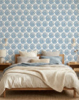 Cobalt Bloom serene blue floral wallpaper in a warm and inviting living room