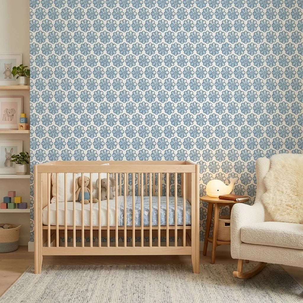 Cobalt Bloom serene blue floral wallpaper adding character to a cozy bedroom