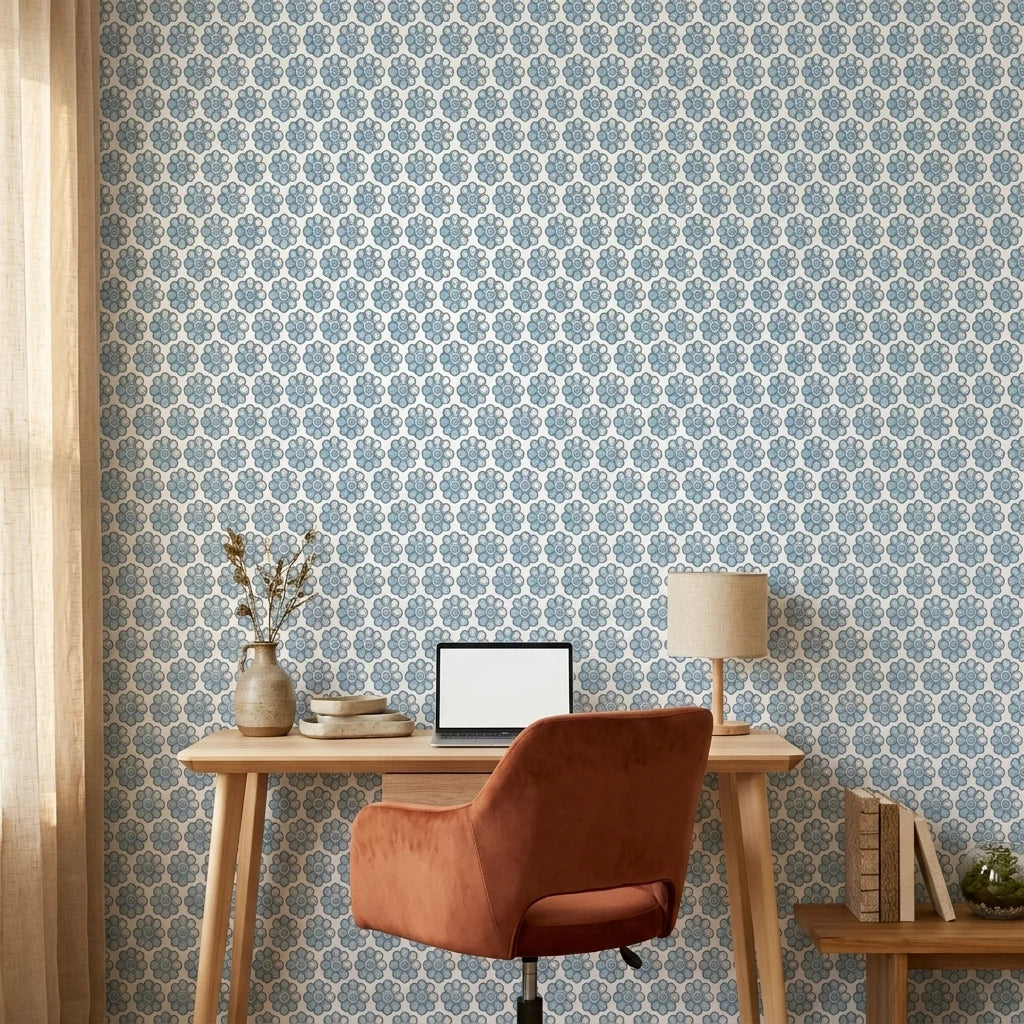Cobalt Bloom serene blue floral wallpaper as a feature wall in a bright home office