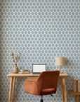 Cobalt Bloom serene blue floral wallpaper as a feature wall in a bright home office