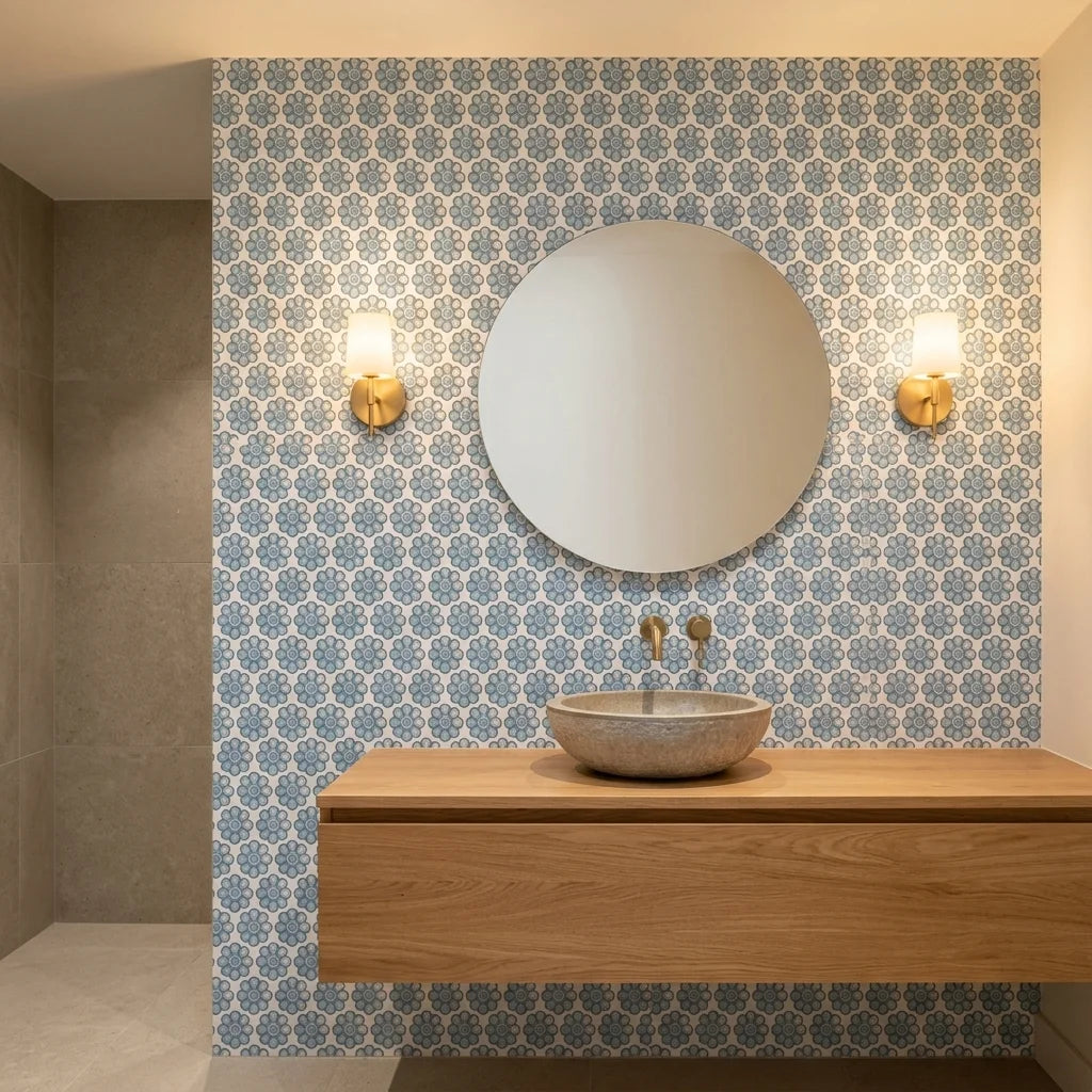 Cobalt Bloom serene blue floral wallpaper creating ambiance in a serene bathroom