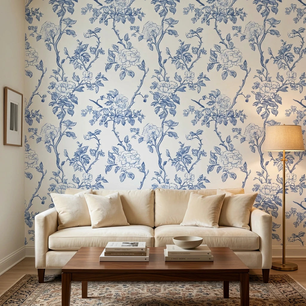 Cobalt Bloom bold blue chinoiserie floral wallpaper in a warm and inviting living room