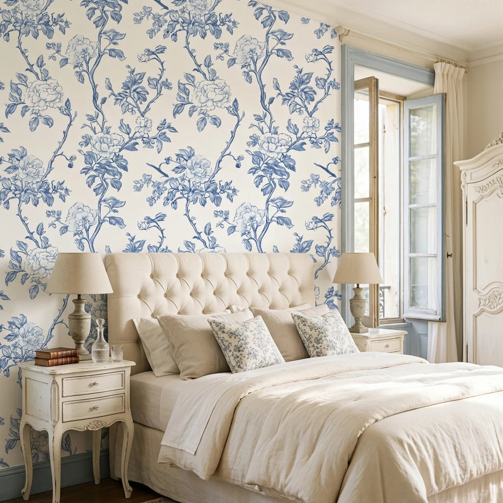 Cobalt Bloom bold blue chinoiserie floral wallpaper adding character to a cozy bedroom