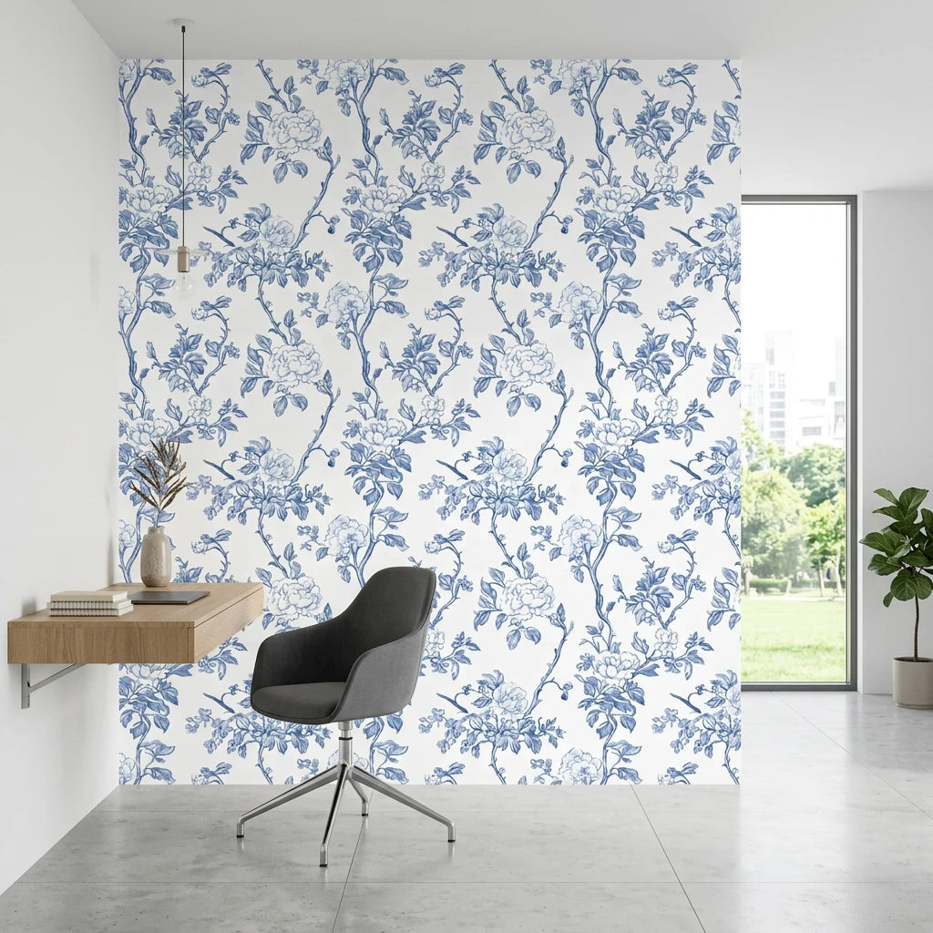Cobalt Bloom bold blue chinoiserie floral wallpaper as a feature wall in a bright home office