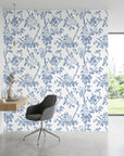 Cobalt Bloom bold blue chinoiserie floral wallpaper as a feature wall in a bright home office