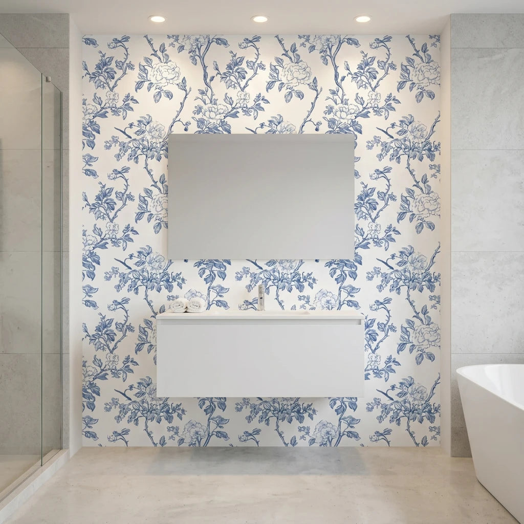 Cobalt Bloom bold blue chinoiserie floral wallpaper creating ambiance in a serene bathroom