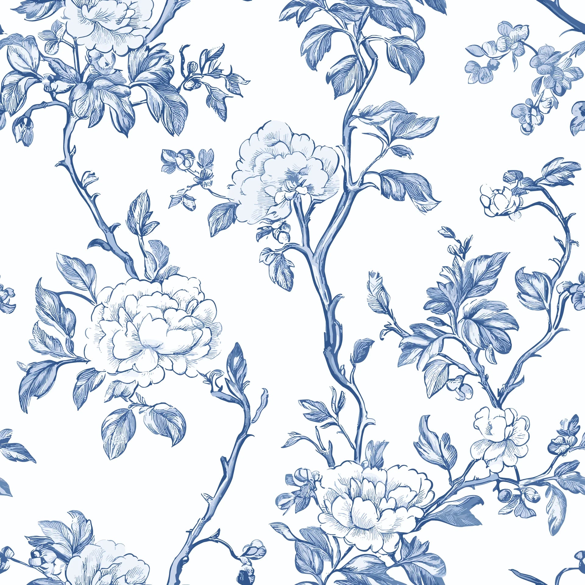 Smooth cobalt peonies on white peel and stick wallpaper - Cobalt Bloom