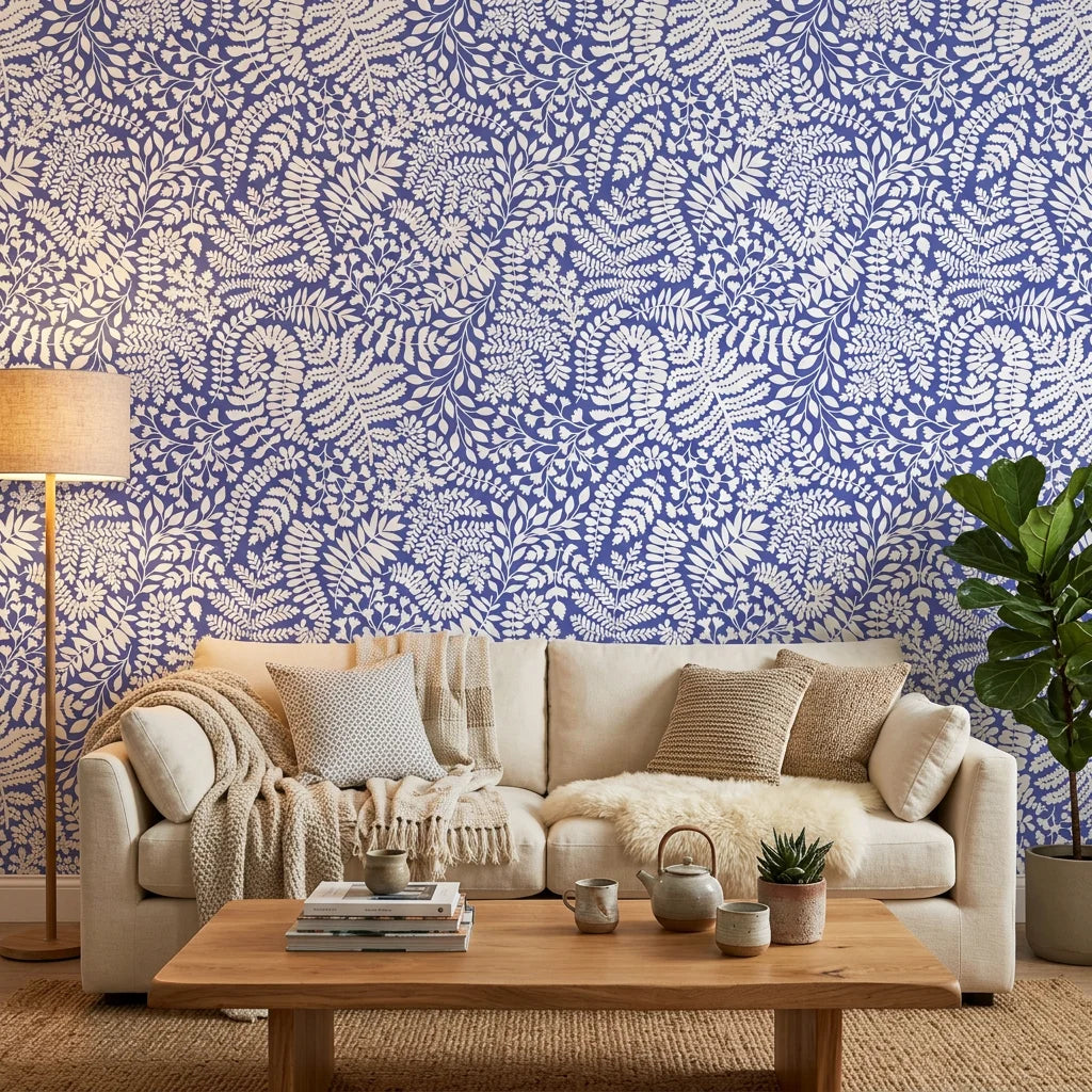 Cobalt Canopy blue leaf wallpaper in a warm and inviting living room