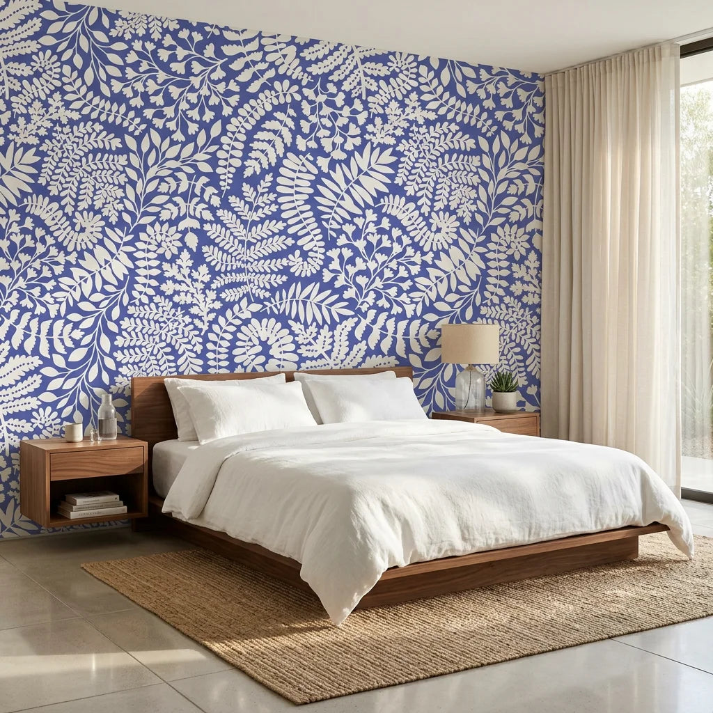 Cobalt Canopy blue leaf wallpaper adding character to a cozy bedroom