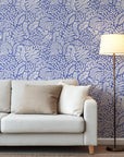 Cobalt Canopy - White Foliage Pattern Wallpaper