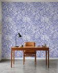 Cobalt Canopy blue leaf wallpaper as a feature wall in a bright home office