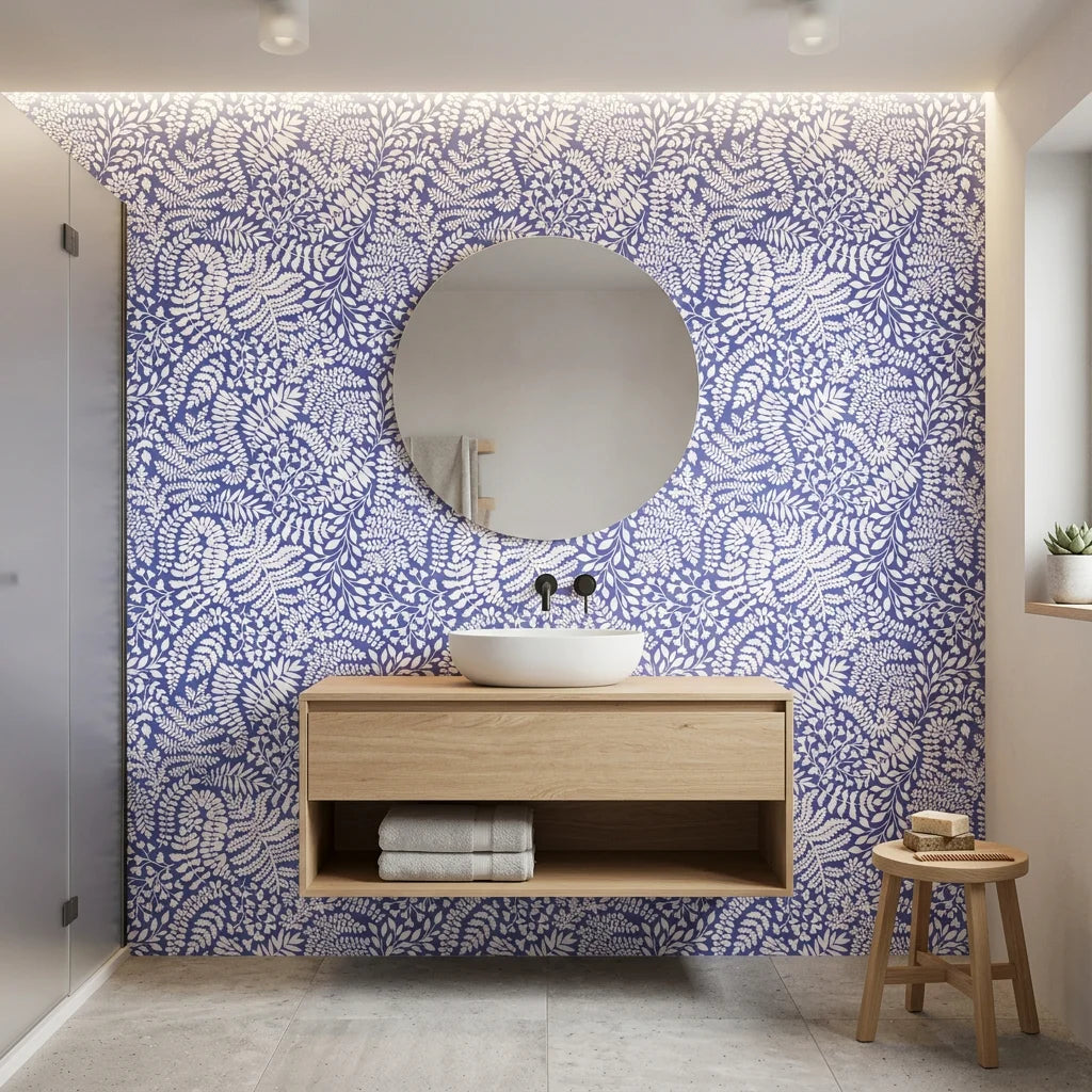 Cobalt Canopy blue leaf wallpaper creating ambiance in a serene bathroom