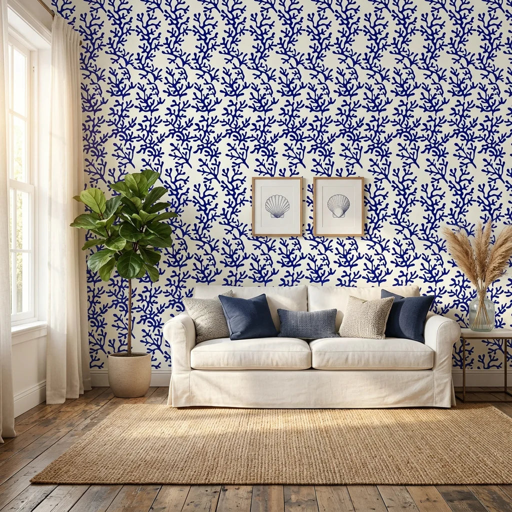 Cobalt Coral bold blue reef wallpaper in a warm and inviting living room