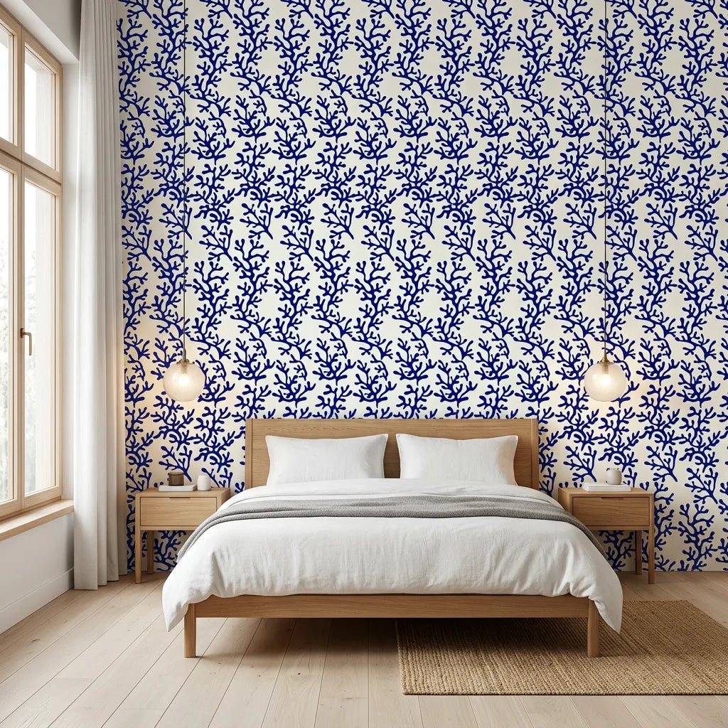 Cobalt Coral bold blue reef wallpaper adding character to a cozy bedroom