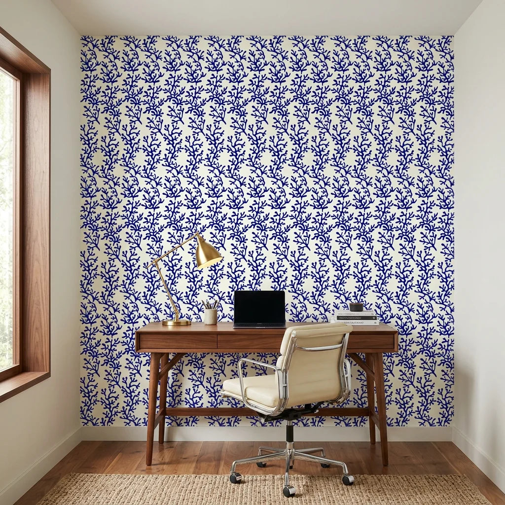 Cobalt Coral bold blue reef wallpaper as a feature wall in a bright home office