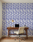 Cobalt Coral bold blue reef wallpaper as a feature wall in a bright home office