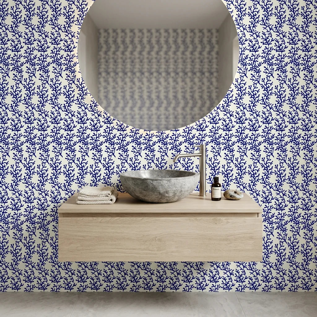 Cobalt Coral bold blue reef wallpaper creating ambiance in a serene bathroom