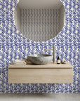 Cobalt Coral bold blue reef wallpaper creating ambiance in a serene bathroom