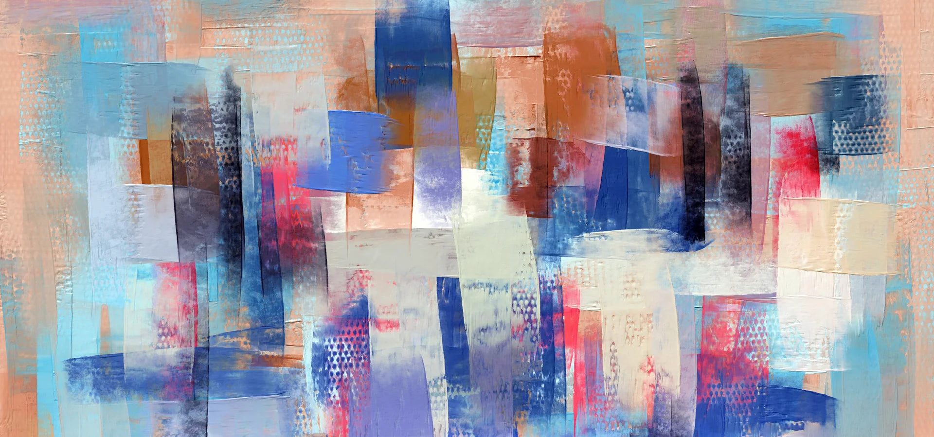 Cobalt Fragments blue and blush abstract wallpaper creating ambiance in a serene bathroom