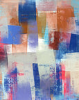 Cobalt Fragments blue and blush abstract wallpaper creating ambiance in a serene bathroom