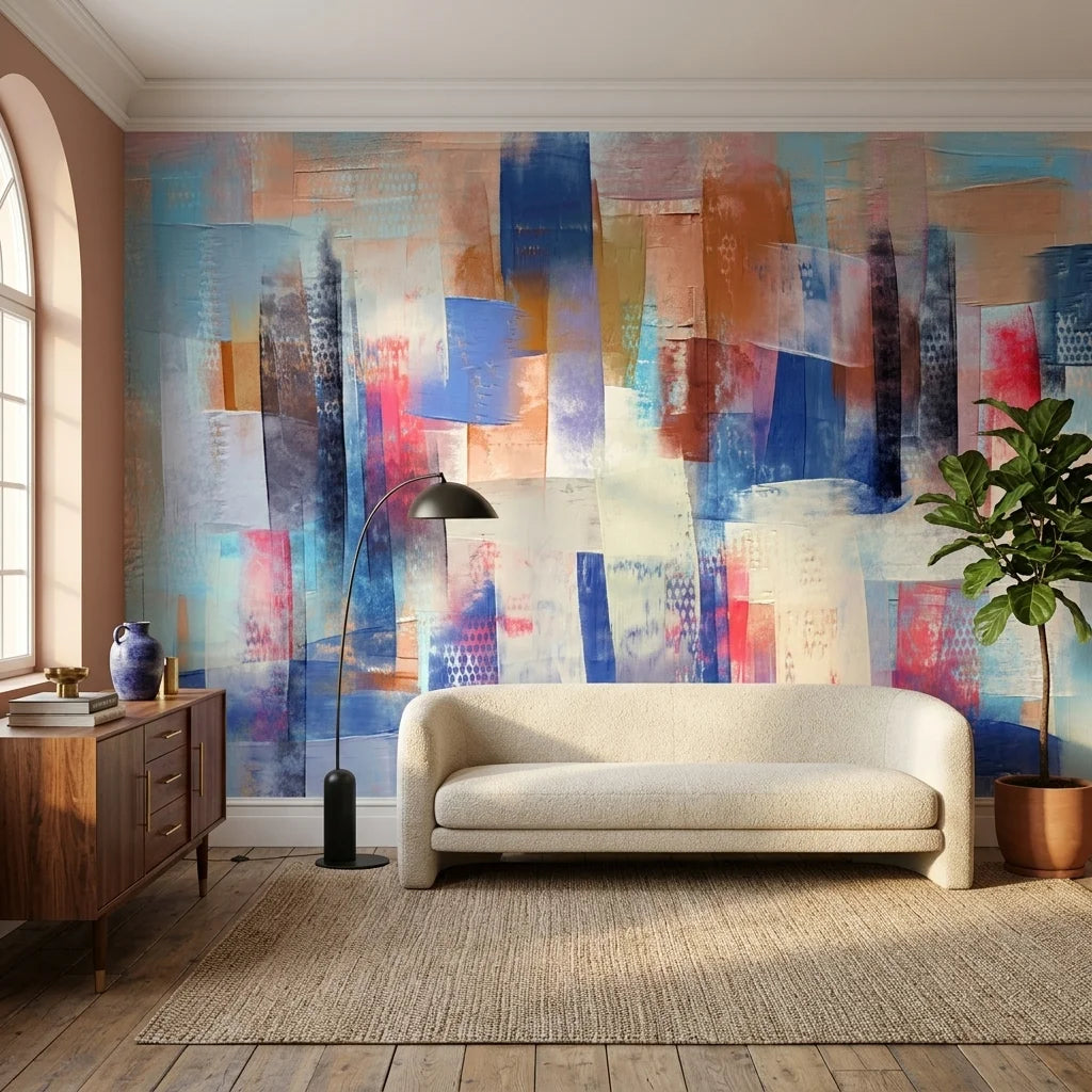 Textured cobalt blue and blush abstract peel and stick wallpaper - Cobalt Fragments