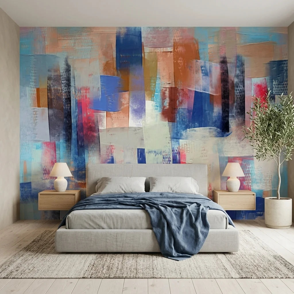 Cobalt Fragments blue and blush abstract wallpaper in a warm and inviting living room