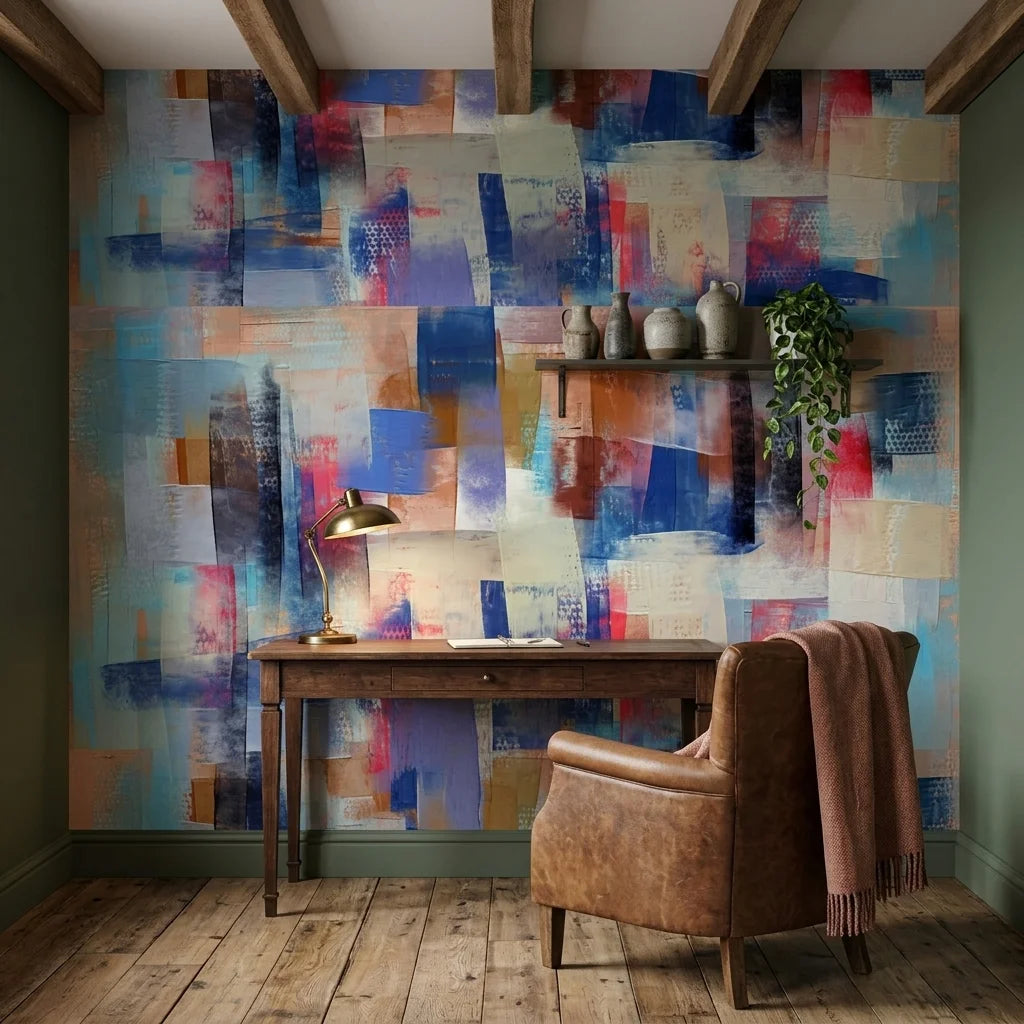 Cobalt Fragments blue and blush abstract wallpaper adding character to a cozy bedroom