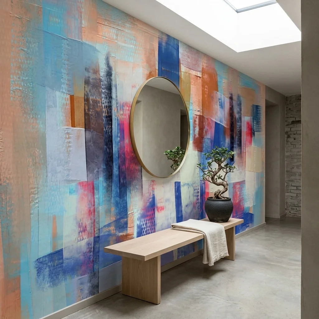Cobalt Fragments blue and blush abstract wallpaper as a feature wall in a bright home office