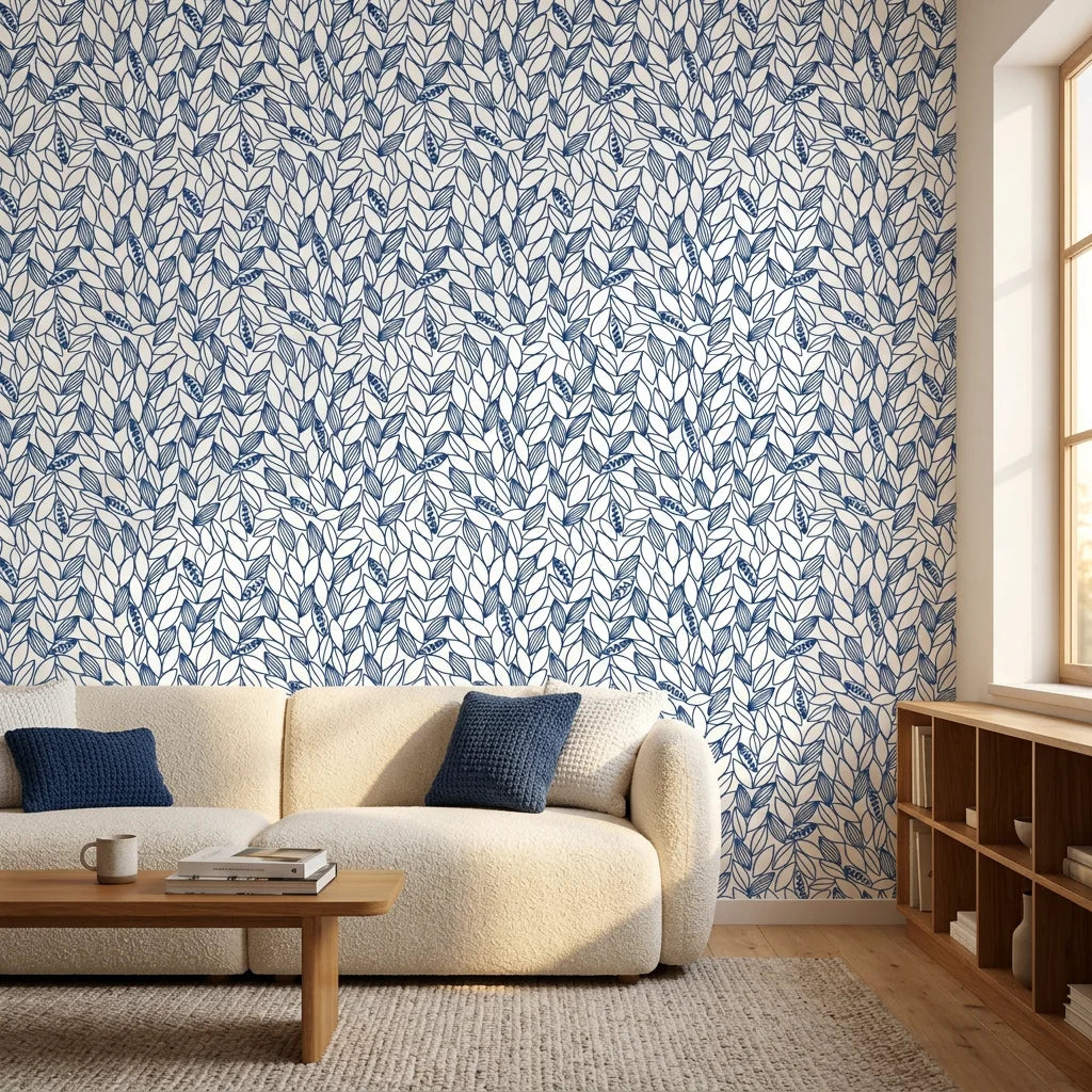 Smooth white and blue botanical leaf peel and stick wallpaper - Cobalt Leaf