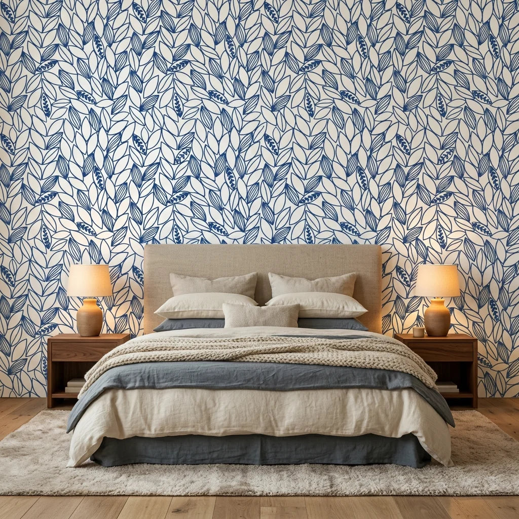 Cobalt Leaf blue botanical peel and stick wallpaper in a warm and inviting living room