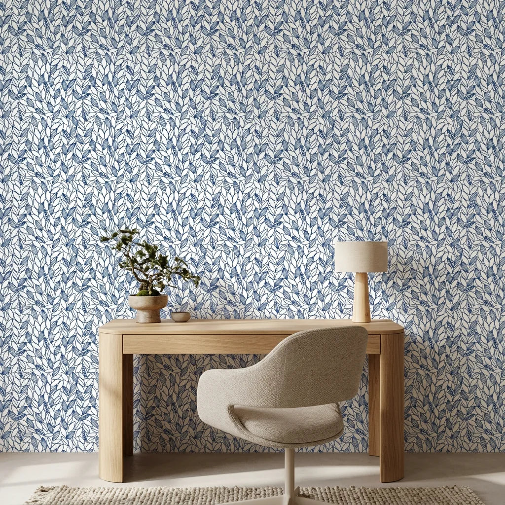 Cobalt Leaf blue botanical peel and stick wallpaper adding character to a cozy bedroom