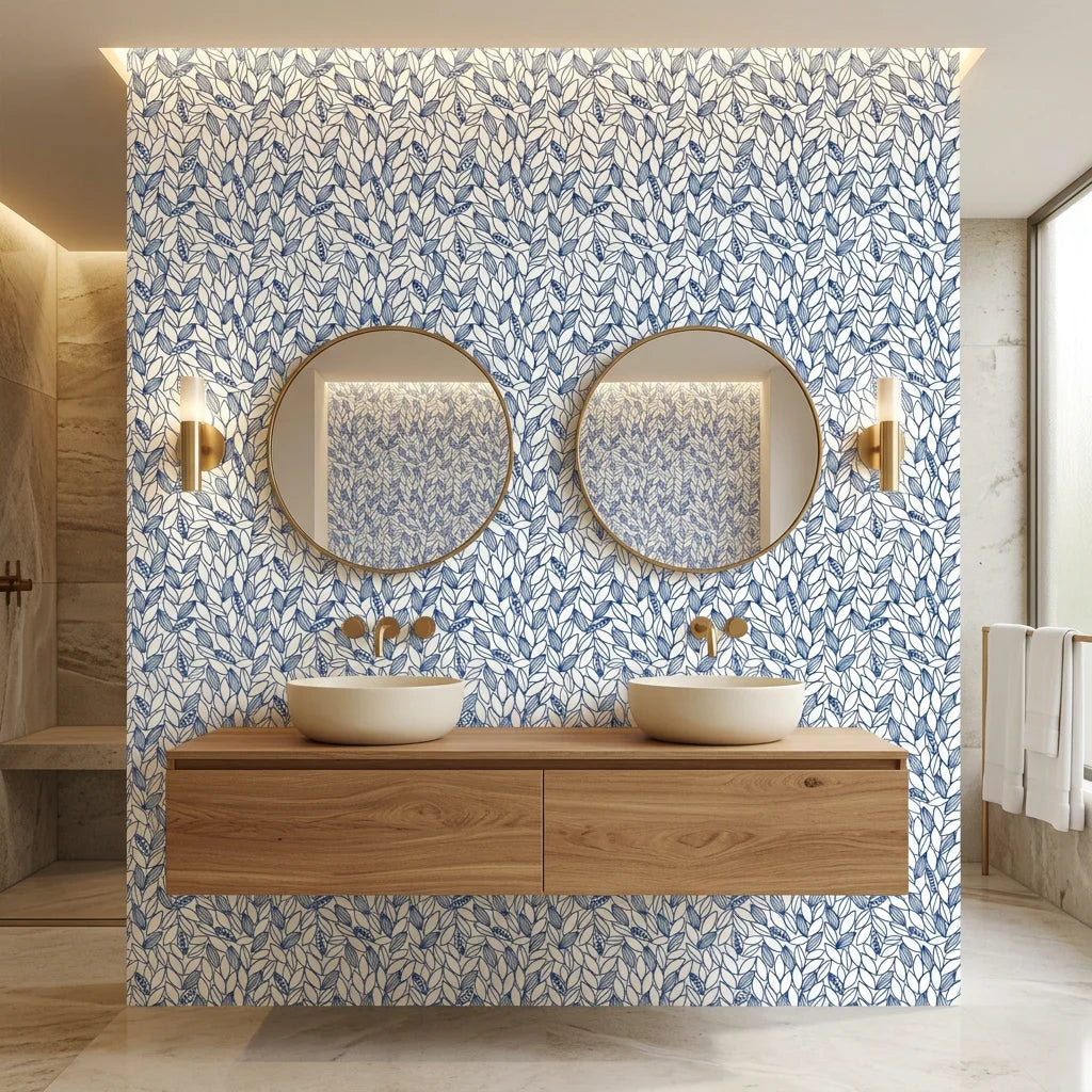 Cobalt Leaf blue botanical peel and stick wallpaper as a feature wall in a bright home office