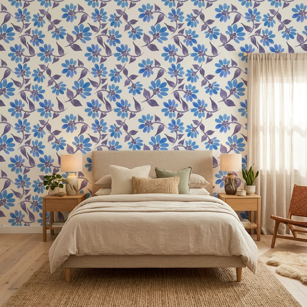 Smooth watercolor blue floral peel and stick wallpaper - Cobalt Meadow
