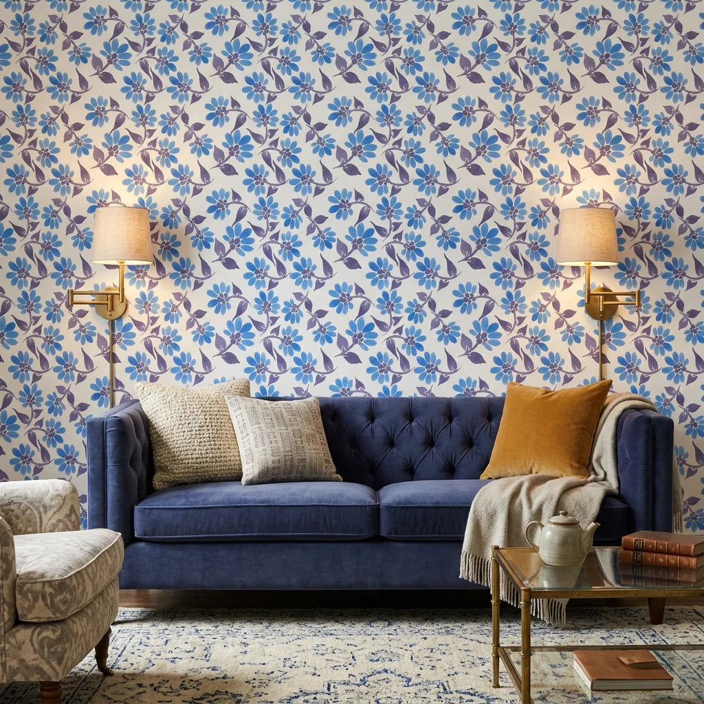 Cobalt Meadow blue floral peel and stick wallpaper in a warm and inviting living room