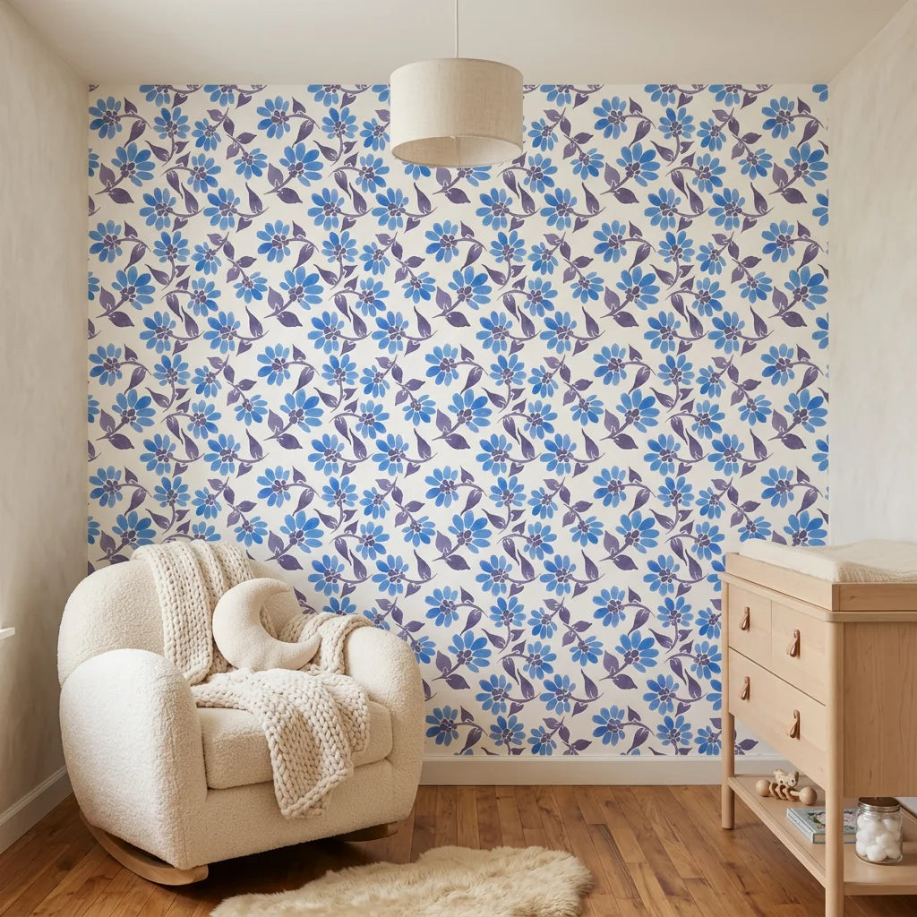 Cobalt Meadow blue floral peel and stick wallpaper adding character to a cozy bedroom