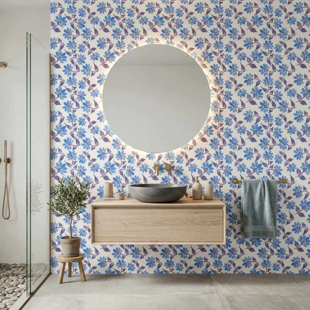 Cobalt Meadow blue floral peel and stick wallpaper as a feature wall in a bright home office