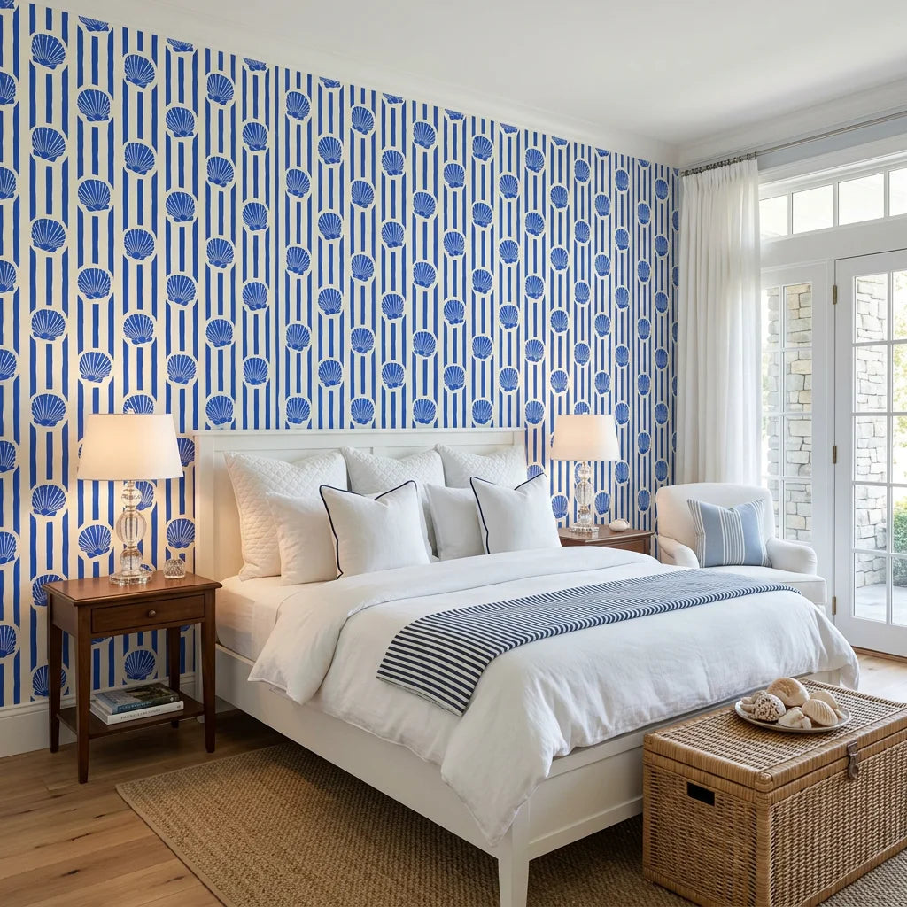 Cobalt Shore cobalt blue coastal adding character to a cozy bedroom