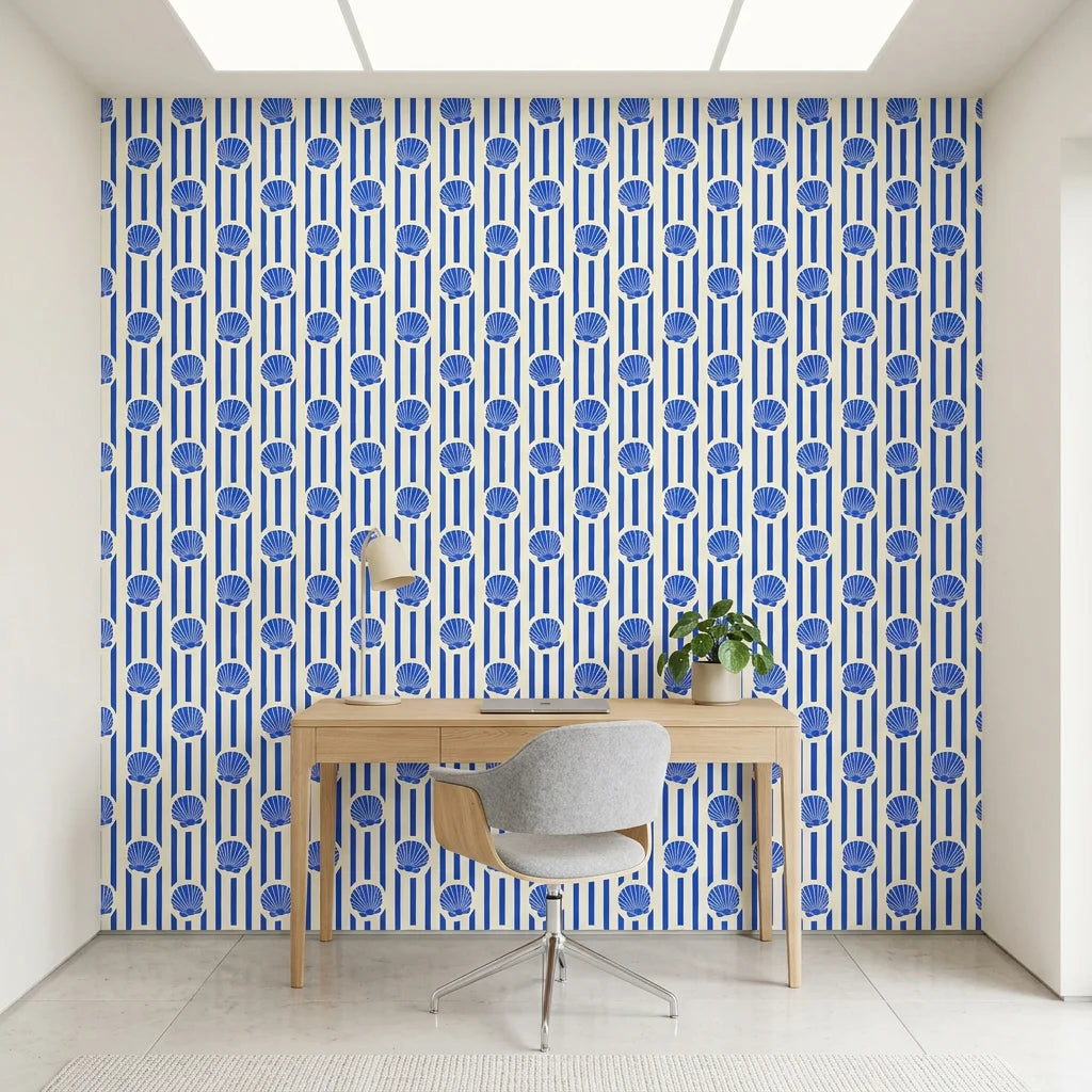 Cobalt Shore cobalt blue coastal as a feature wall in a bright home office