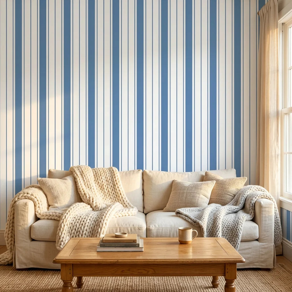 Smooth blue and white vertical striped peel and stick wallpaper - Cobalt Stripe