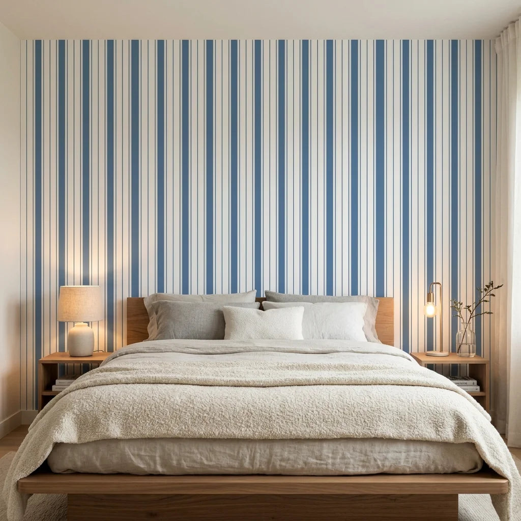 Cobalt Stripe blue and white striped wallpaper in a warm and inviting living room