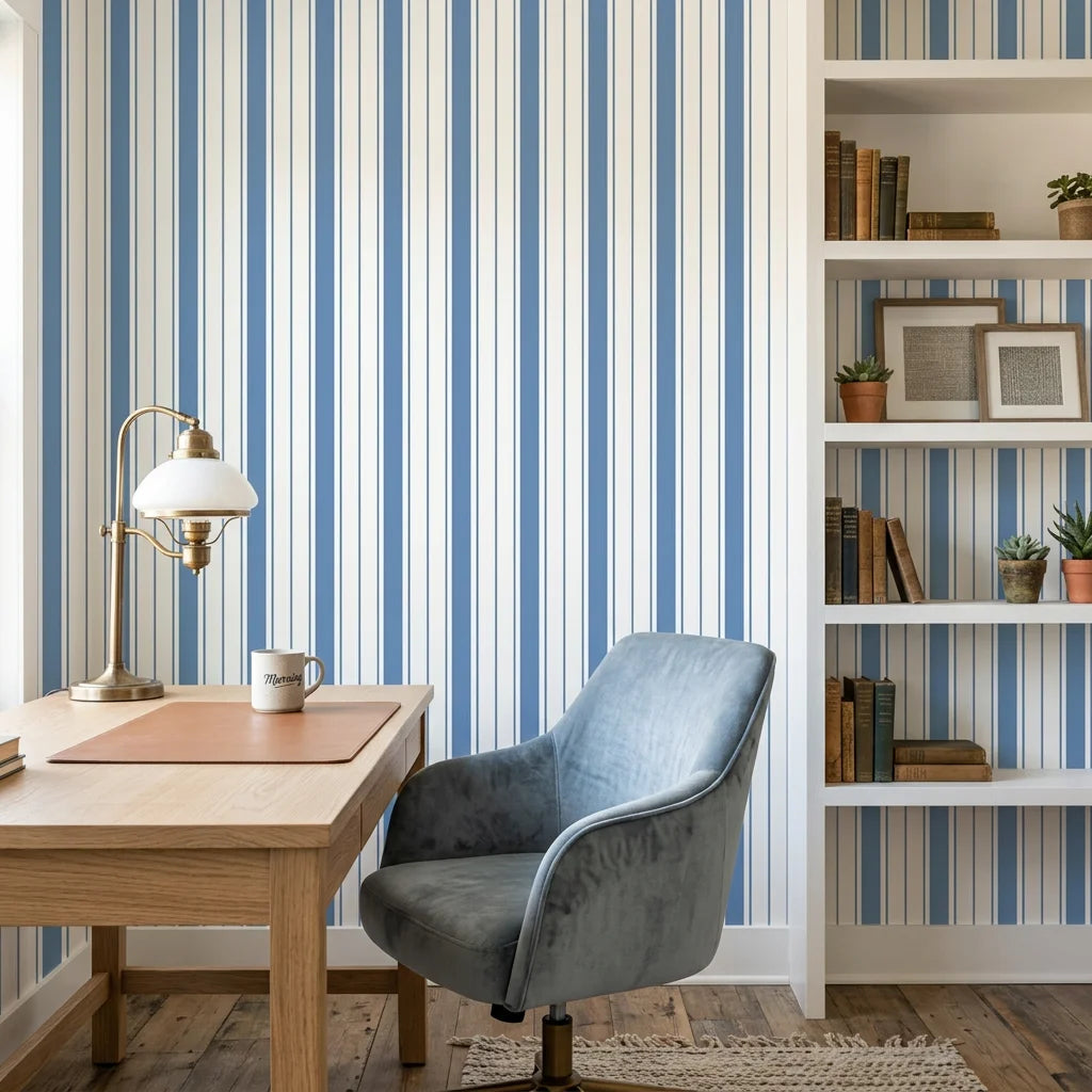 Cobalt Stripe blue and white striped wallpaper adding character to a cozy bedroom