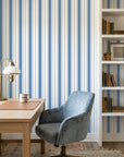 Cobalt Stripe blue and white striped wallpaper adding character to a cozy bedroom