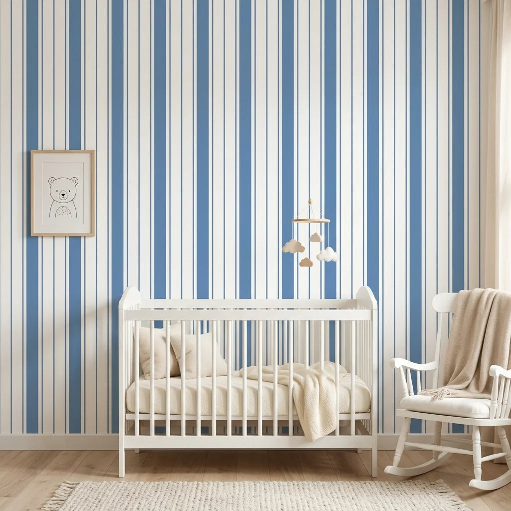Cobalt Stripe blue and white striped wallpaper as a feature wall in a bright home office