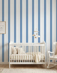 Cobalt Stripe blue and white striped wallpaper as a feature wall in a bright home office