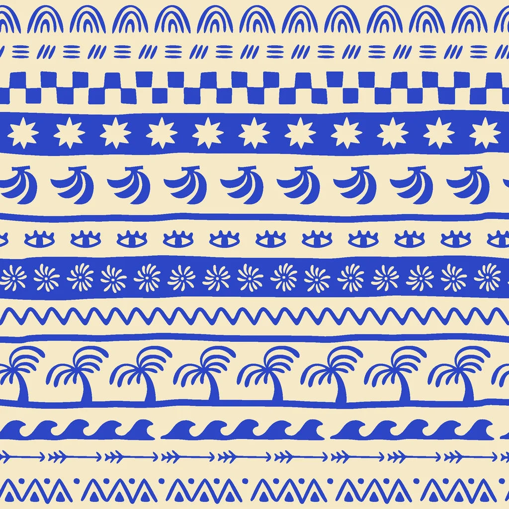 Self-adhesive wallpaper featuring blue and cream bohemian doodle-style stripes.