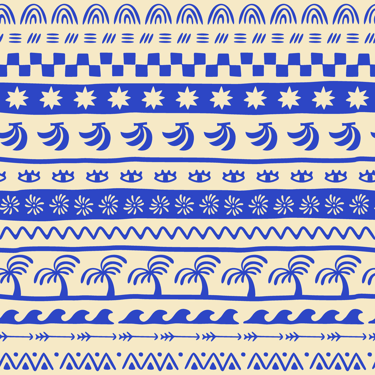 Self-adhesive wallpaper featuring blue and cream bohemian doodle-style stripes.