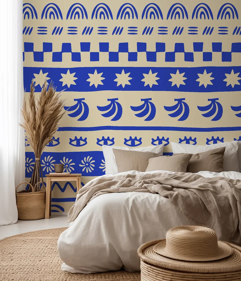 Boho-style hand-drawn stripes in blue and cream on a self-adhesive wallpaper